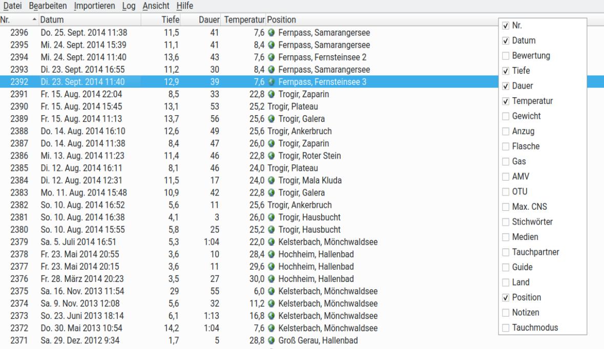 Example: Dive list info options