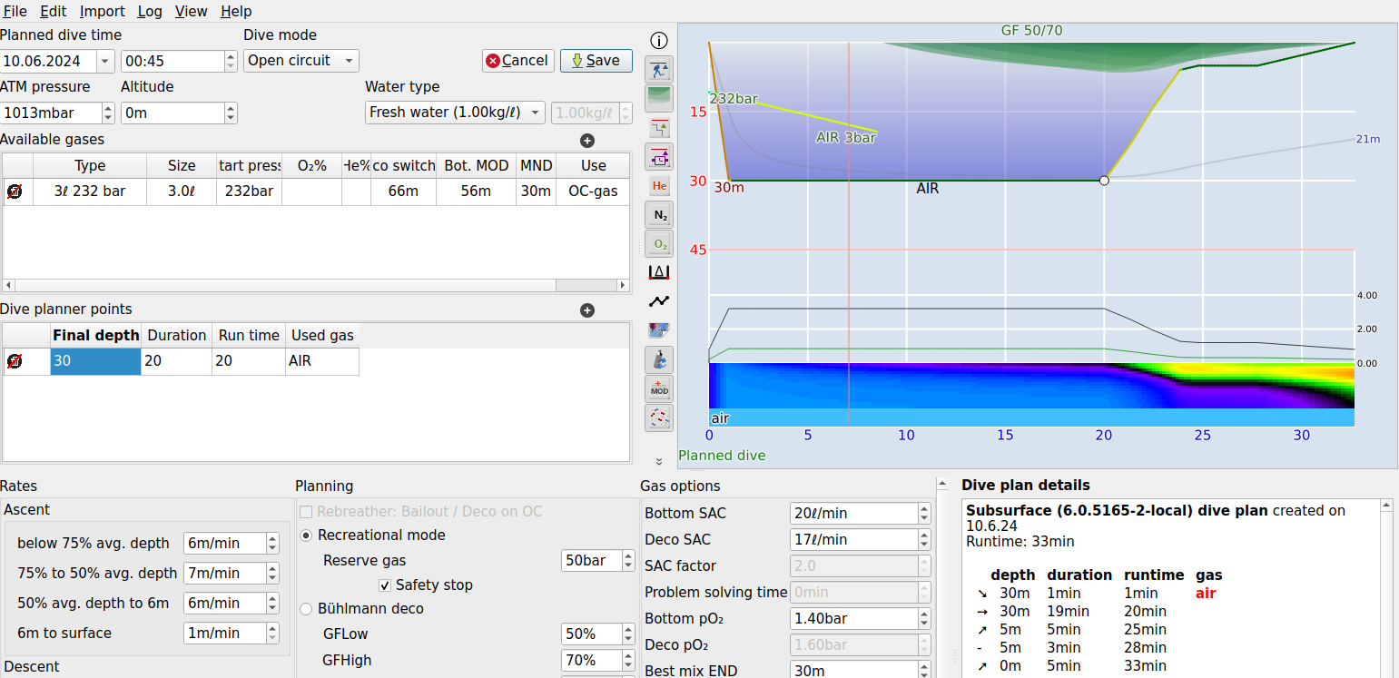 FIGURE: A recreational dive plan: gradient factors setup